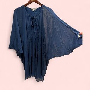 Diane Von Furstenberg navy kaftan silk dress tie neck boho luxe pleated bust